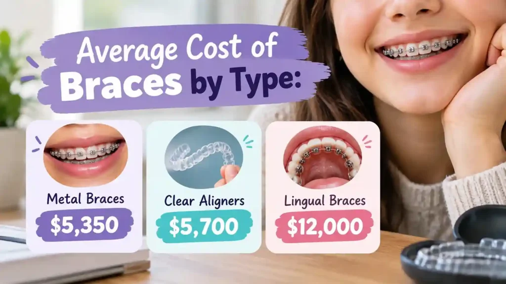 Average cost of braces by type: metal braces $5,350, clear aligners $5,700, lingual braces $12,000