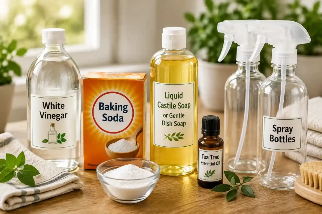 Hands organizing natural cleaning ingredients like vinegar and baking soda on a kitchen counter